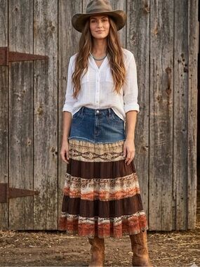 Donna Moore Denim Western Prairie Maxi Skirt - Size 7/8